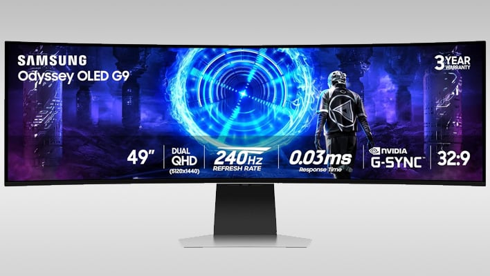49-inch Samsung OLED monitor on a gray gradient background.